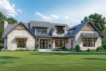 Obraz premium Front view of modern farmhouse-style home in Texas with stone walls, wood accents, and beautiful landscaping under blue skies