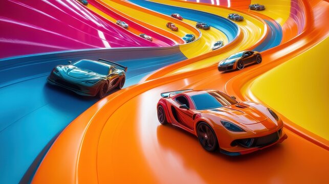 A colorful display of Hot Wheels vehicles racing down a track, with ample copy space above 