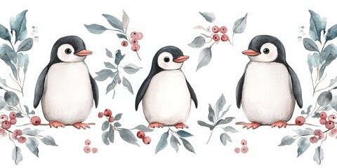 Obraz premium Whimsical watercolor pattern featuring penguins, berries, and leaves