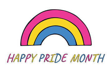 Colorful rainbow shape Pansexual pride flag Happy pride day LGBTQIA community Pride Month Vector hand drawn doodle for posters, stickers, logo, cards