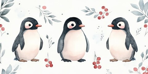 Obraz premium Whimsical watercolor pattern featuring penguins, berries, and leaves