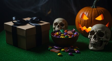 Halloween Still Life with Jack-o'-Lantern, Skulls and Candy