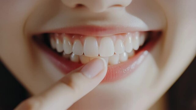 笑顔の日本人女性の美しい歯と唇のアップ