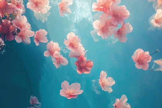 Delicate pink blossoms suspended in a teal blue water - Powered by Adobe