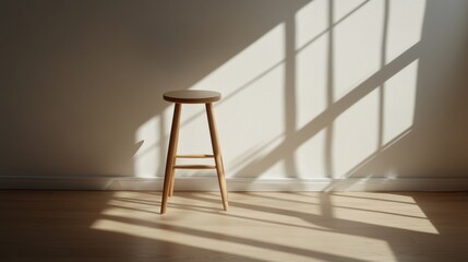 Simple wooden stool in sunlit room minimalist interior design home decor lifestyle