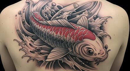 Koi Fish Tattoo: Detailed Back Art in Black, Red, and White