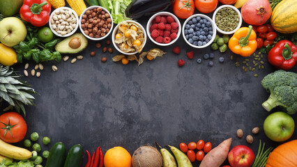 Healthy eating ingredients: fresh vegetables, fruits and superfood. Clean eating and detox. Nutrition, diet, vegan food.
