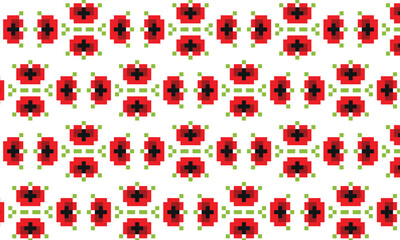 Pixel pattern flower poppy red seamless ornament for textile, fabric, cards, interior, paper decoration