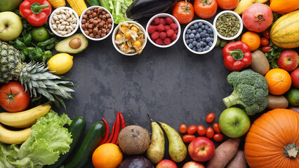 Healthy eating ingredients: fresh vegetables, fruits and superfood. Clean eating and detox. Nutrition, diet, vegan food.