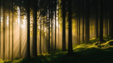 Naklejka premium Majestic Sunrise Rays Illuminating a Misty Forest Scene Peaceful morning light streams through tall trees