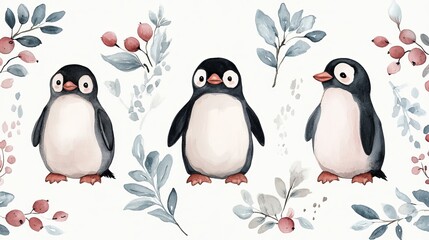 Obraz premium Whimsical watercolor pattern featuring penguins, berries, and leaves
