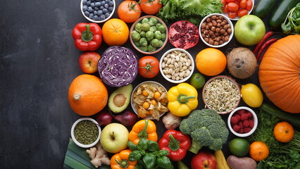Healthy eating ingredients: fresh vegetables, fruits and superfood. Clean eating and detox. Nutrition, diet, vegan food.