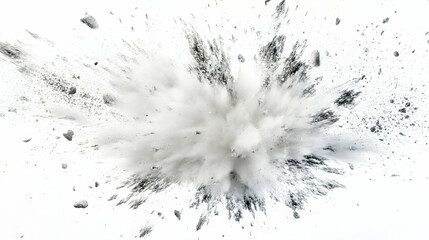 Dynamic monochrome explosion with dispersed particles on a bright background
