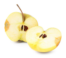 Halves of overripe apple isolated on white