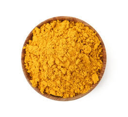 Superfood. Turmeric powder in bowl isolated on white, top view