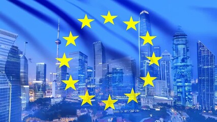 European Union flag waves in the foreground with cityscape and financial graphs, symbolizing economic trends and developments in the EU region	 - Powered by Adobe