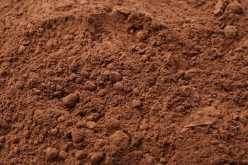 Superfood supplement. Cacao powder as background, closeup