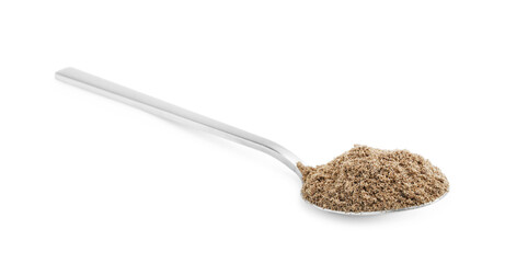 Superfood. Chia seeds powder in spoon isolated on white