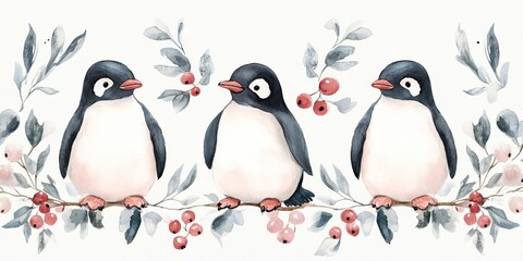 Fototapeta premium Whimsical watercolor pattern featuring penguins, berries, and leaves