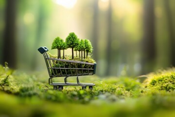 Miniature shopping cart filled with tiny trees in a lush green forest scene