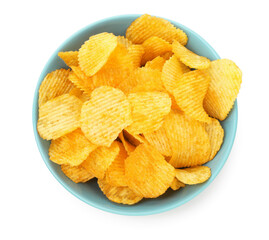 Tasty potato chips in bowl isolated on white, top view