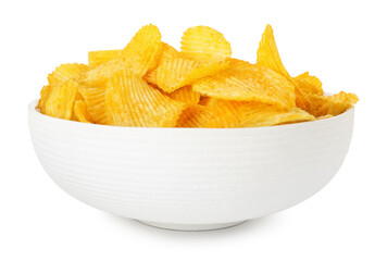 Tasty potato chips in bowl isolated on white