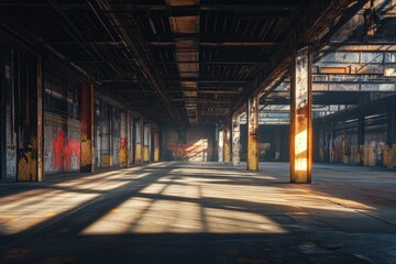Interior of an abandoned industrial building bathed in sunlight.