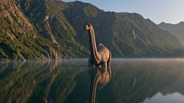 Brachiosaurus standing in still lake with mist and green mountains at sunrise

