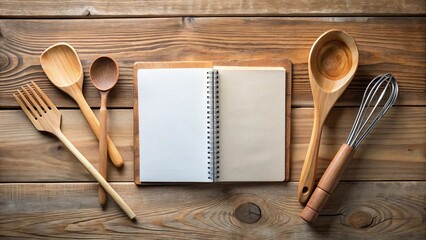 A Rustic Kitchen Still Life Featuring Wooden Utensils and an Open Recipe Book Ready for Culinary Inspiration
