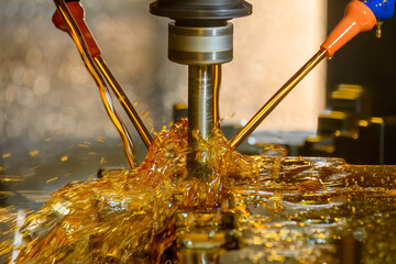 The CNC milling machine rough cutting the mold parts with oil coolant method.