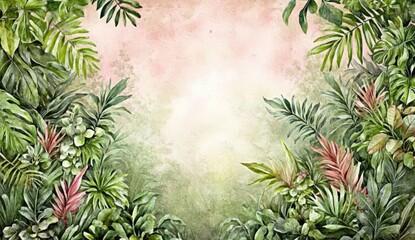 Lush tropical foliage framed by vibrant greenery against a soft, pastel background.  A variety of tropical leaves and plants create a dense, jungle-like atmosphere.  
