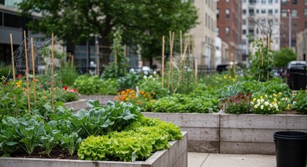 Urban garden with raised beds and various plants in a city setting.