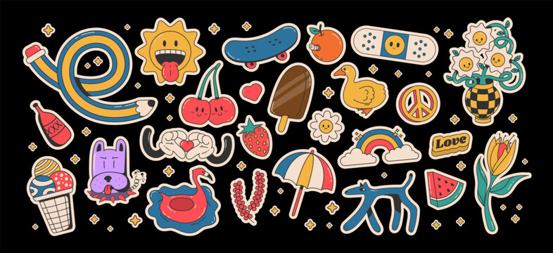 Cartoon groovy summer stickers 70s. Cute retro characters. Hippie style, set cute labels. Isolated on black background	
