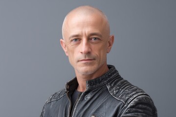 Fototapeta premium Bald Man in Distressed Leather Jacket: A Pensive Portrait