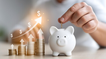Businessman Putting Coin in Piggy Bank with Growing Coin Stacks. Savings, Investment, and Financial Growth