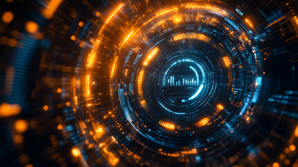 Obraz premium futuristic digital financial data visualization with glowing graphs, numbers, and abstract technological elements in blue and orange tones, symbolizing data analysis and trading.