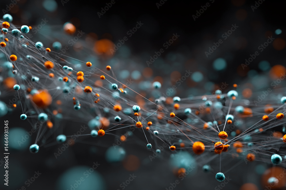 Poster abstract image of interconnected orange and teal spheres, forming a complex network on dark backgrou