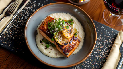 Skin-On Seared Salmon on Creamy Mashed Cauliflower, Topped with Microgreens and Charred Lemon (AI Image)