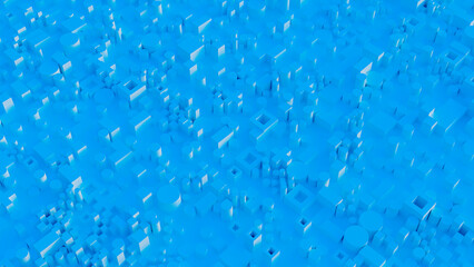 Abstract blue composition featuring a myriad of geometric shapes, including cubes and cylinders. The objects are densely packed, creating a uniform texture with shadows enhancing depth