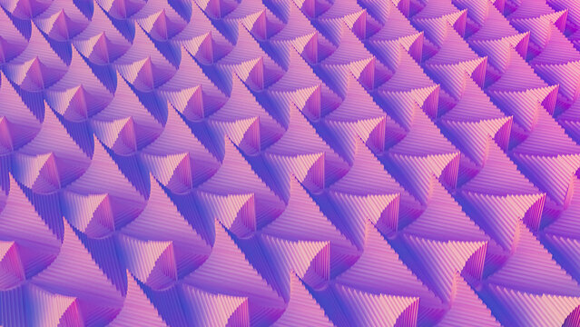 Geometric pattern of 3D pyramid-like shapes with purple and pink gradient hues, creating a mesmerizing optical illusion. The repetition and variation in shading adds depth and interest