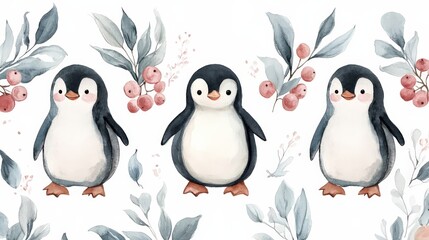 Naklejka premium Whimsical watercolor pattern featuring penguins, berries, and leaves