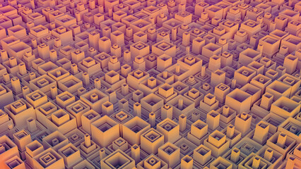 Abstract geometric pattern composed of numerous interconnected cubic structures in shades of orange, red, and purple, resembling a futuristic cityscape with intricate layers and depth