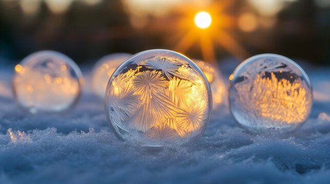 Frozen Soap Bubbles on Snow with Intricate Ice Crystals and Golden Sunset