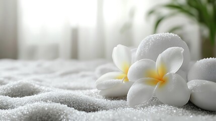 Plumeria and smooth stones create a peaceful, serene scene for relaxation.