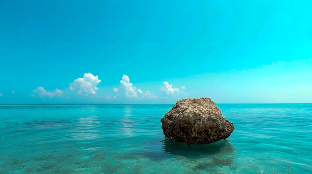 Lone Rock in Calm Ocean with Clear Sky