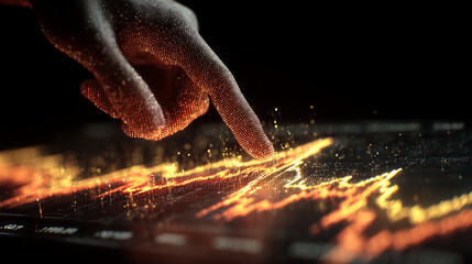 Glowing fingertip interacts with orange data streams on a dark screen, showcasing digital technology, innovation, and data analysis