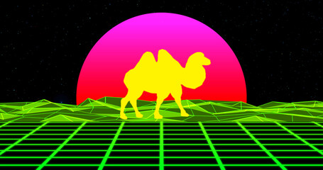 Camel traveling through the universe. Sci-fi neon style. Concept of purposefulness.
