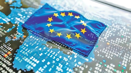 European union flag overlaying a map of europe against a background of digital binary technology