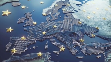 European union flag overlaying map of europe with binary technology background theme