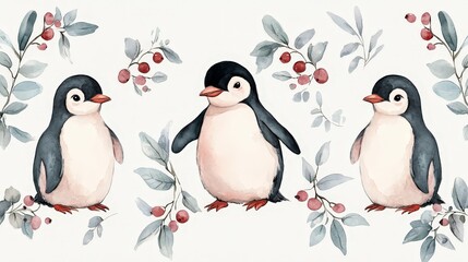 Fototapeta premium Whimsical watercolor pattern featuring penguins, berries, and leaves